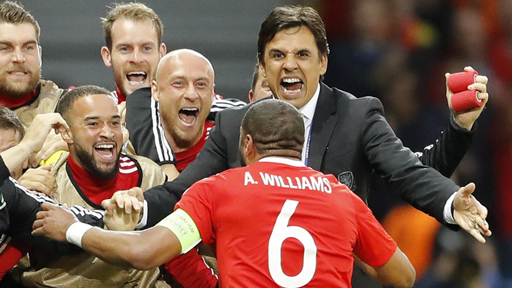 Уэльс празднует взятие ворот сборной Бельгии