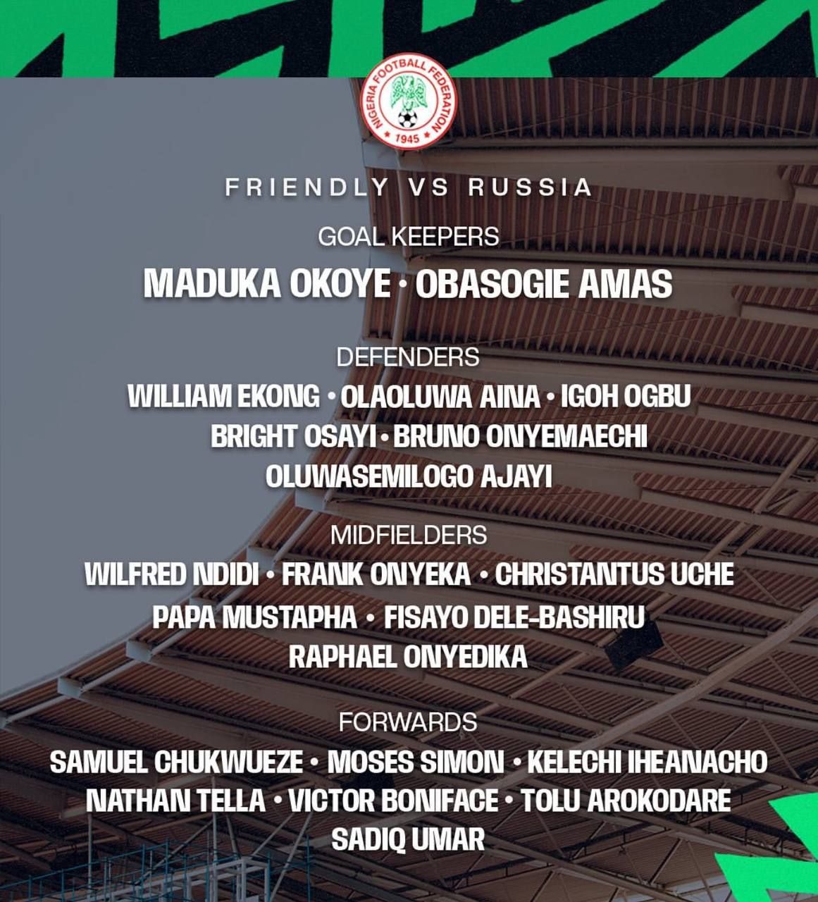 Состав Нигерии на игру с Россией