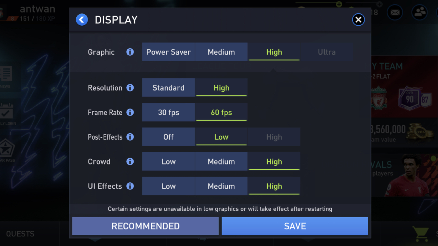 Настройки графики в FIFA Mobile