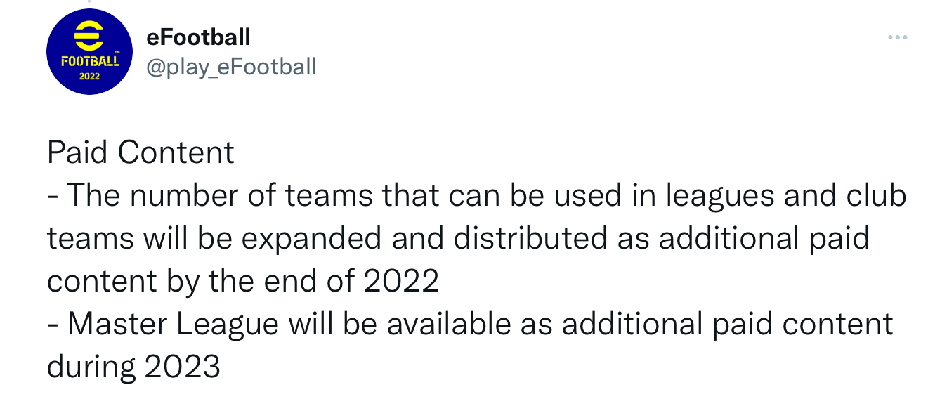 Твит от KONAMI по поводу контента в eFootball 2022