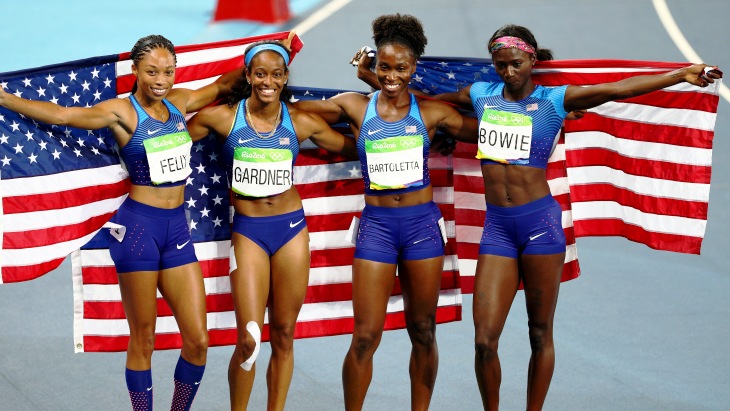 Тианна Бартолетта, Эллисон Феликс, Энглиш Гарднер и Тори Боуи