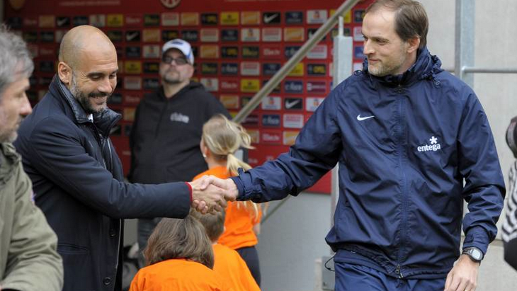 Тухель (справа) впервые будет противостоять Гвардиоле в качестве наставника «Боруссии»