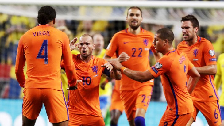 Уэсли Снейдер празднует гол в ворота датчан